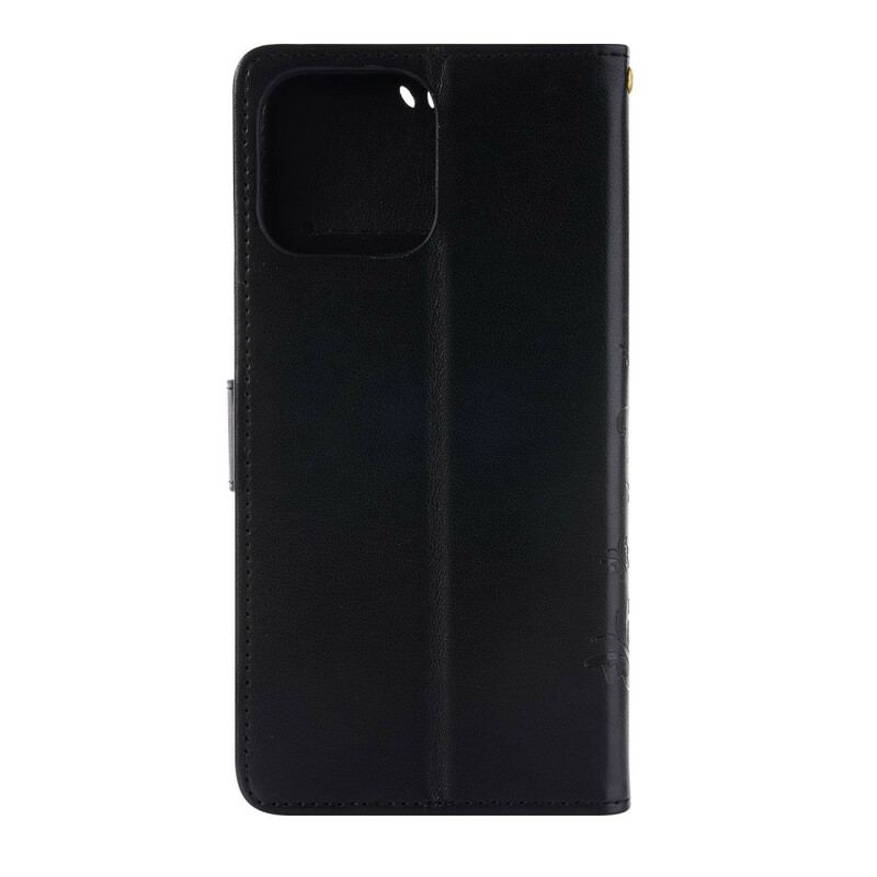 Capa Flip Para iPhone 13 Pro De Cordão Flores Gráficas Com Tiras