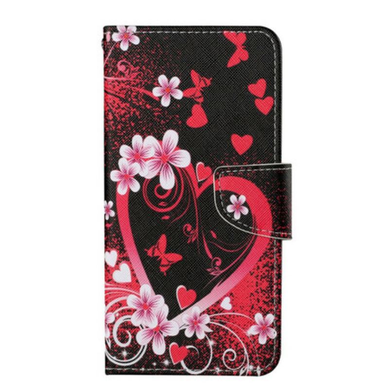 Capa Flip Para iPhone 13 Pro Flores E Corações Com Cordão