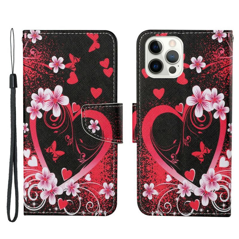 Capa Flip Para iPhone 13 Pro Flores E Corações Com Cordão