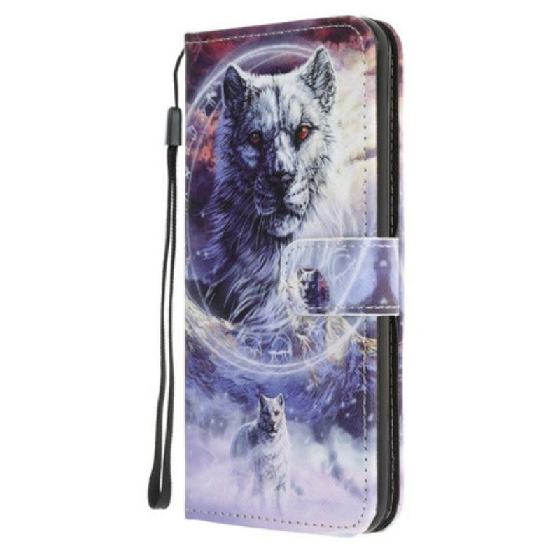 Capa Flip Para iPhone 13 Pro Lobo No Inverno Com Cordão