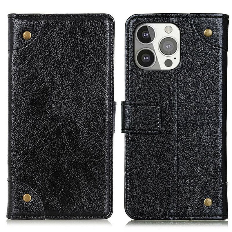 Capa Flip Para iPhone 13 Pro Rebites Vintage Estilo Couro Napa