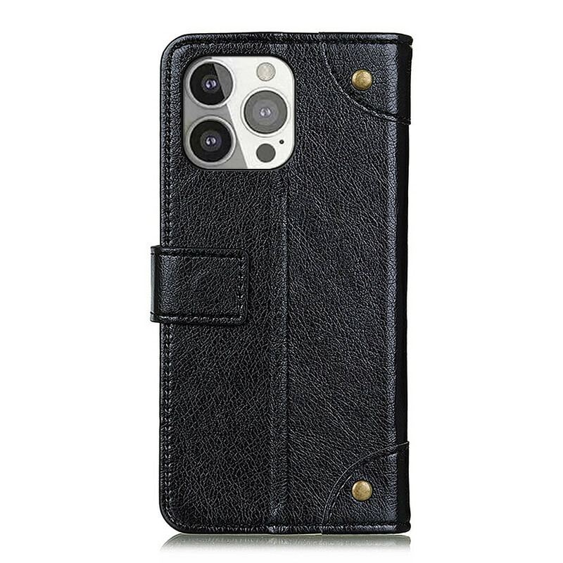 Capa Flip Para iPhone 13 Pro Rebites Vintage Estilo Couro Napa