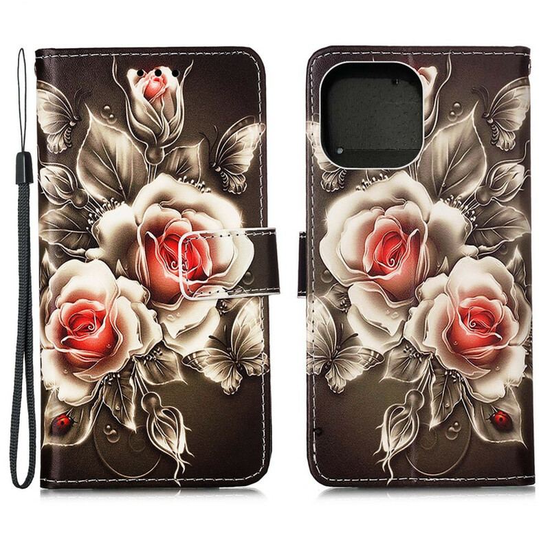 Capa Flip Para iPhone 13 Pro Rosas Douradas