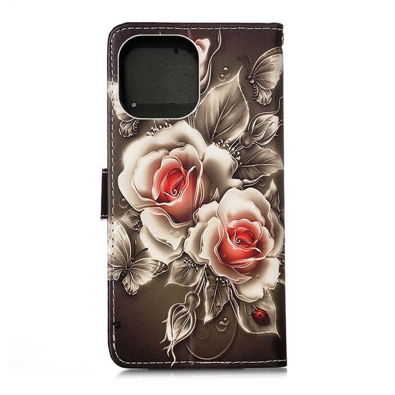 Capa Flip Para iPhone 13 Pro Rosas Douradas