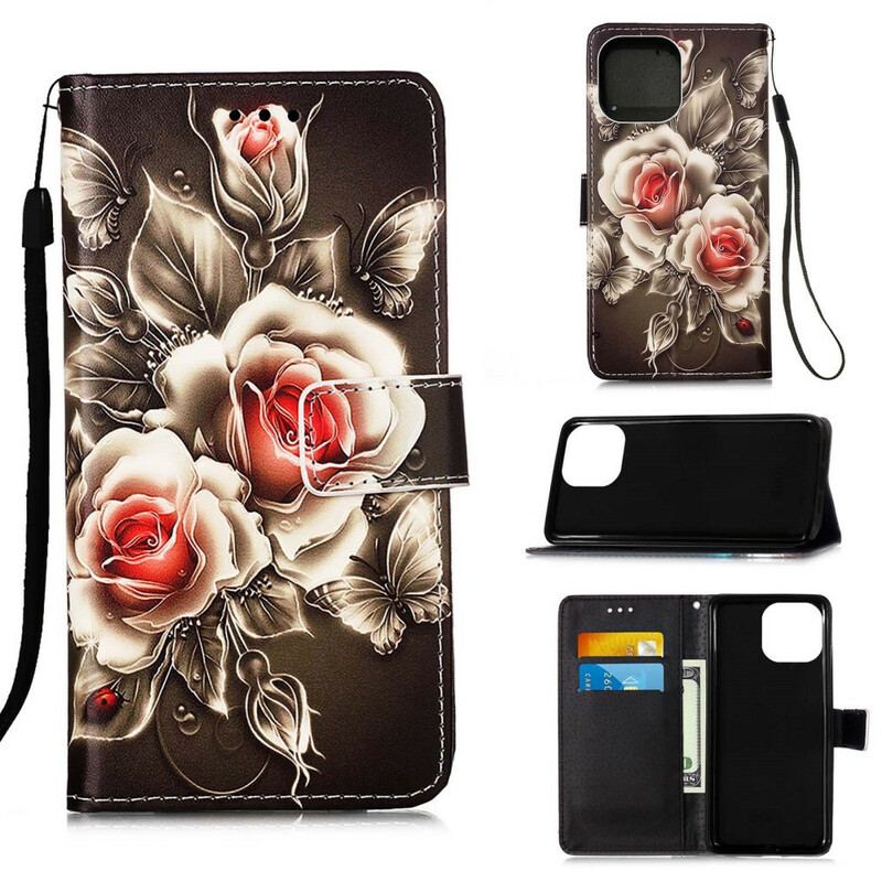 Capa Flip Para iPhone 13 Pro Rosas Douradas