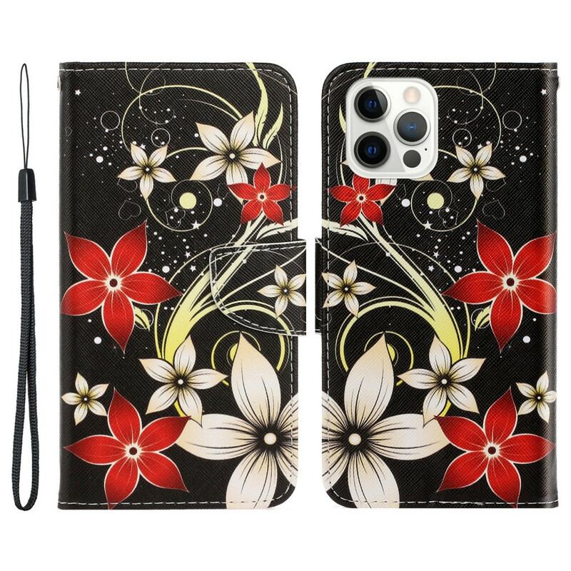 Capa Folio Para iPhone 13 Pro De Cordão Flores Coloridas Com Tiras