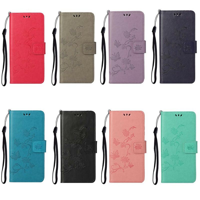 Capa Folio Para iPhone 13 Pro De Cordão Pulseira Borboletas E Flores