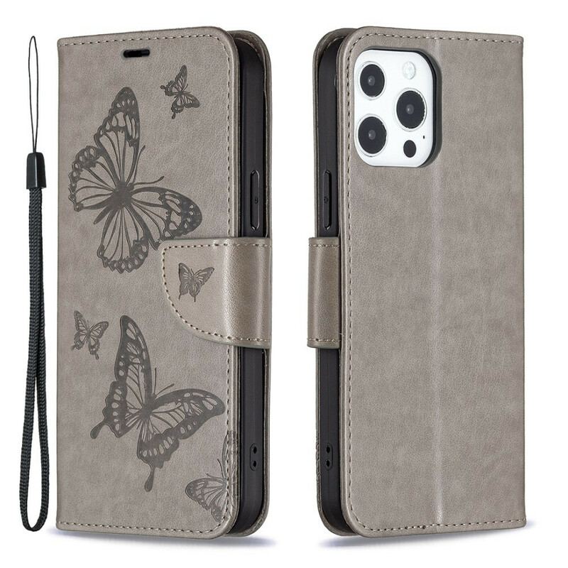 Capa Folio Para iPhone 13 Pro De Cordão Strappy Estampado Borboletas