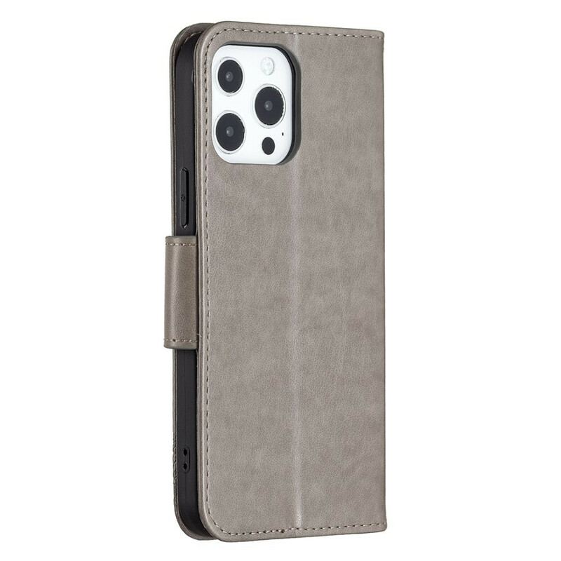 Capa Folio Para iPhone 13 Pro De Cordão Strappy Estampado Borboletas