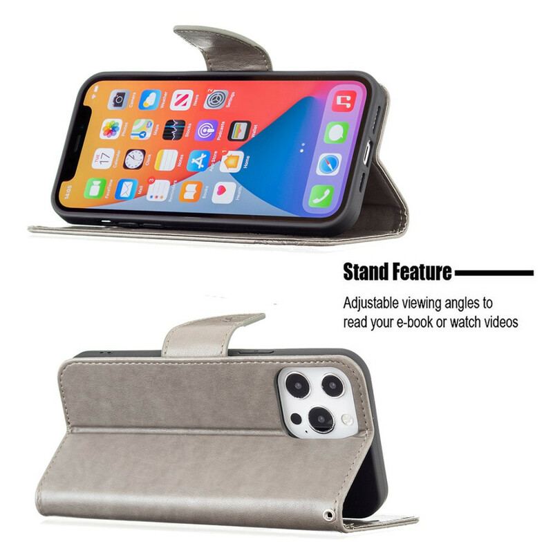 Capa Folio Para iPhone 13 Pro De Cordão Strappy Estampado Borboletas