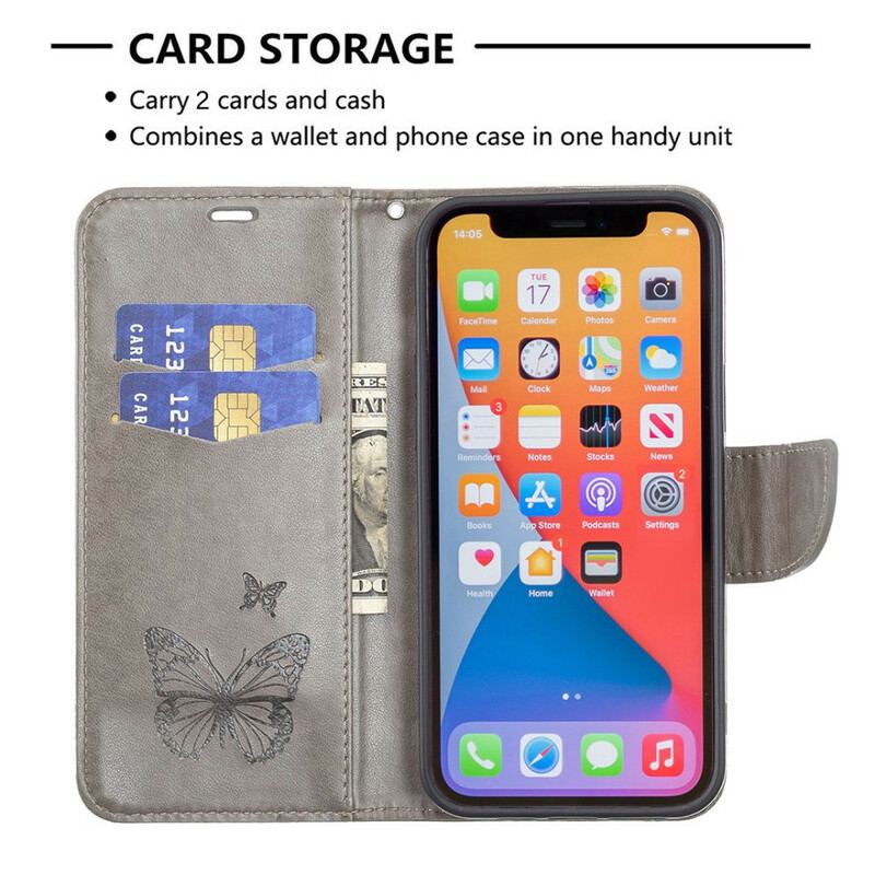 Capa Folio Para iPhone 13 Pro De Cordão Strappy Estampado Borboletas