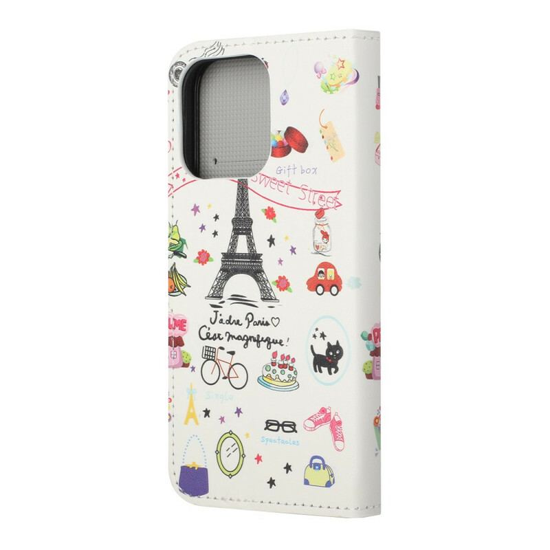 Capa Folio Para iPhone 13 Pro Eu Amo Paris