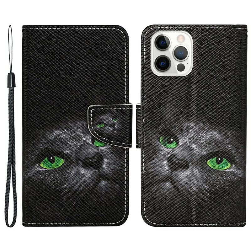 Capa Folio Para iPhone 13 Pro Olhos De Gato Verde Com Cordão