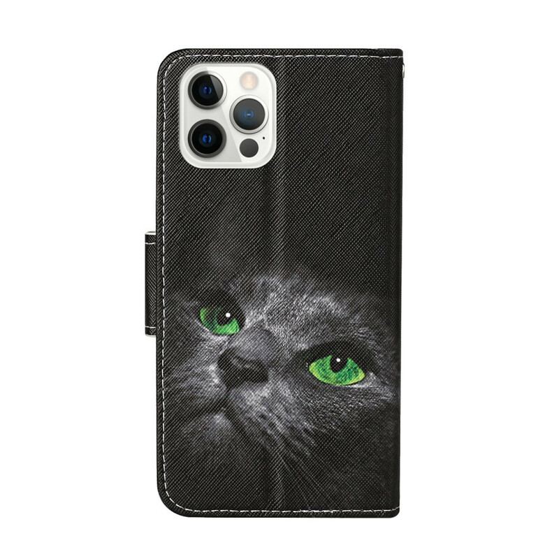 Capa Folio Para iPhone 13 Pro Olhos De Gato Verde Com Cordão