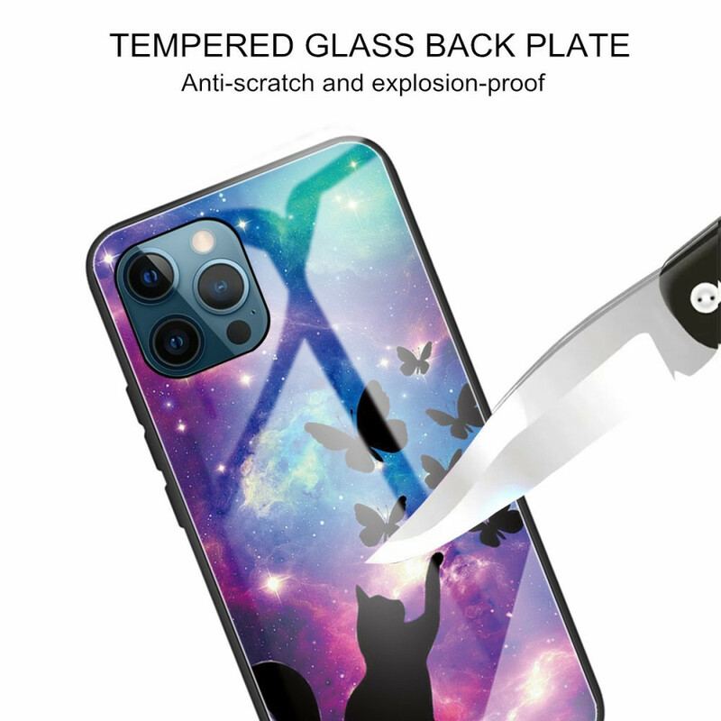 Capa Para iPhone 13 Pro Gato De Vidro Temperado E Borboletas No Espaço