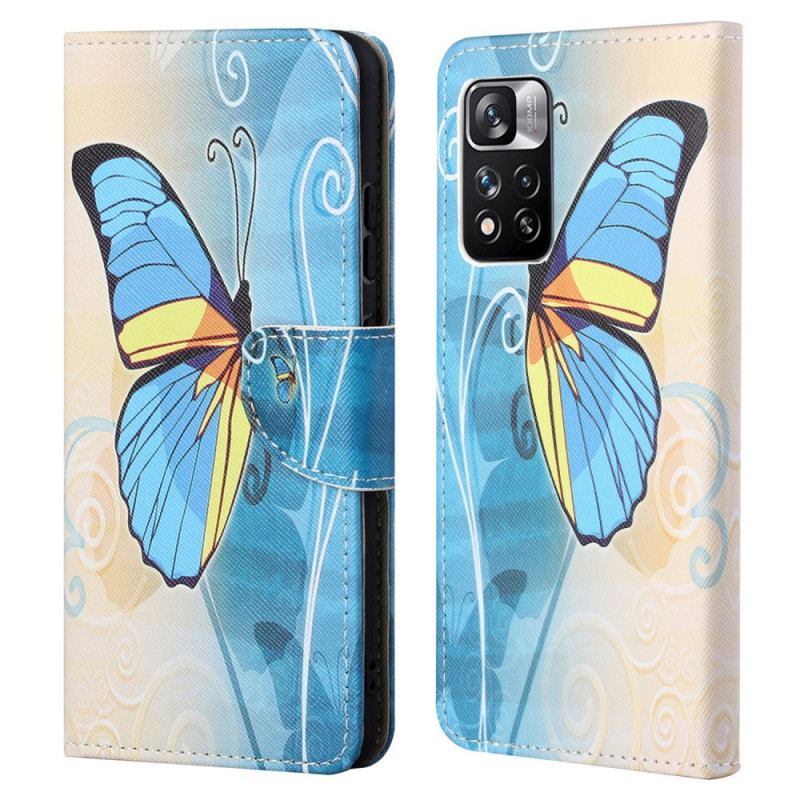 Capa Em Pele Para Xiaomi Redmi Note 11 Pro / 11 Pro 5G Borboleta Azul E Amarela