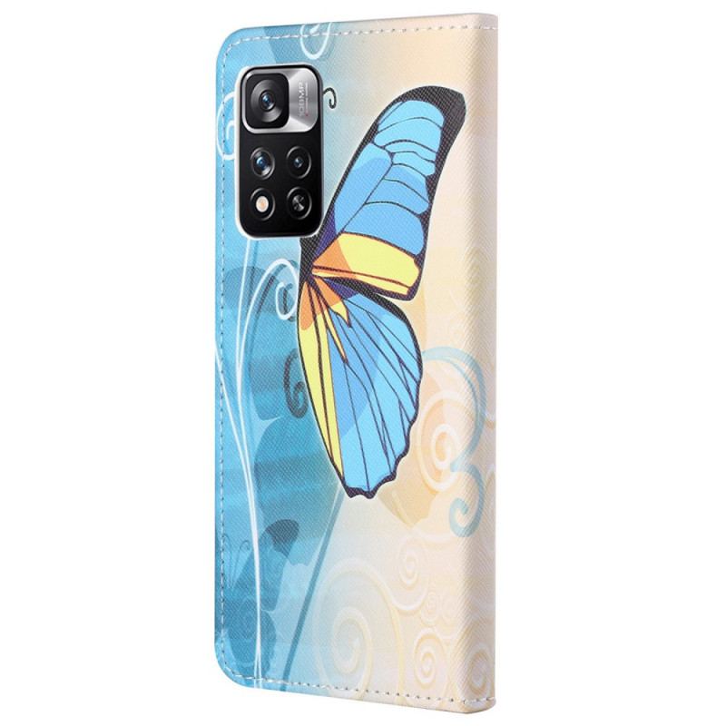 Capa Em Pele Para Xiaomi Redmi Note 11 Pro / 11 Pro 5G Borboleta Azul E Amarela