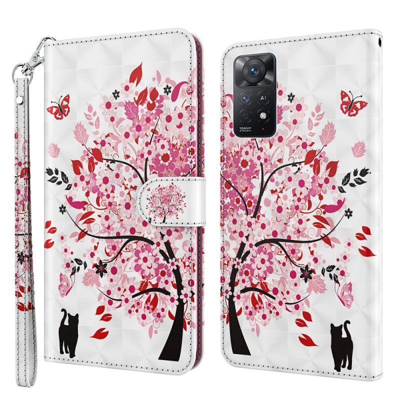 Capa Folio Para Xiaomi Redmi Note 11 Pro / 11 Pro 5G Árvore Rosa E Gato Preto