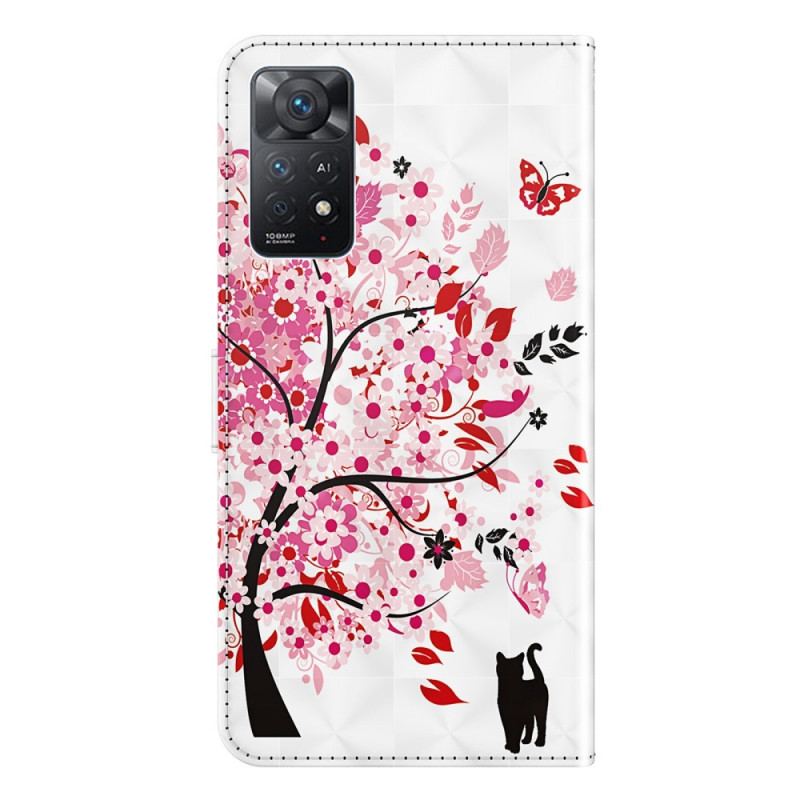 Capa Folio Para Xiaomi Redmi Note 11 Pro / 11 Pro 5G Árvore Rosa E Gato Preto