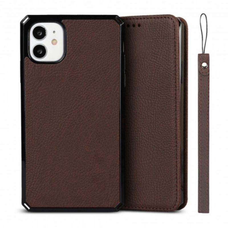 Capa De Celular Para iPhone 11 De Cordão Flip Correia De Couro Litchi Genuíno