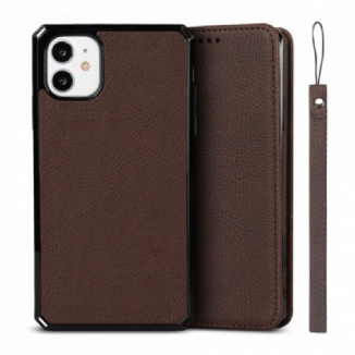 Capa De Celular Para iPhone 11 De Cordão Flip Correia De Couro Litchi Genuíno