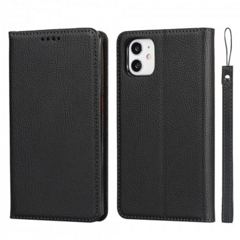 Capa De Celular Para iPhone 11 De Cordão Flip Correia De Couro Litchi Genuíno