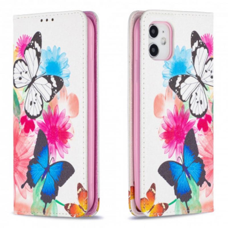 Capa De Celular Para iPhone 11 Flip Borboletas Coloridas