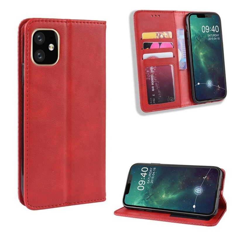 Capa De Celular Para iPhone 11 Flip Efeito Couro Vintage Estilizado