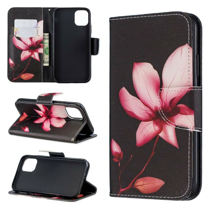 Capa De Couro Para iPhone 11 Flor Rosa