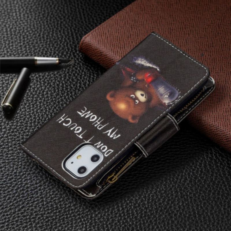 Capa De Couro Para iPhone 11 Urso De Bolso Com Zíper