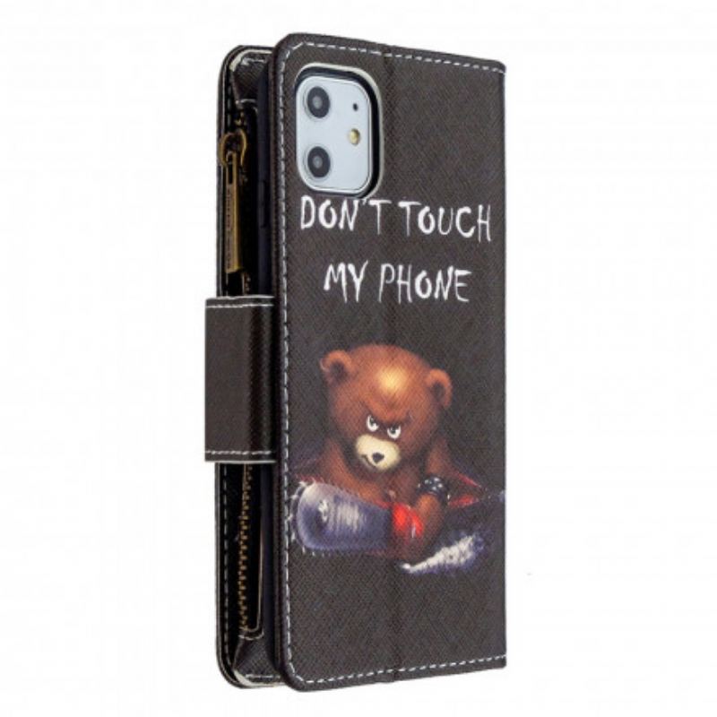 Capa De Couro Para iPhone 11 Urso De Bolso Com Zíper