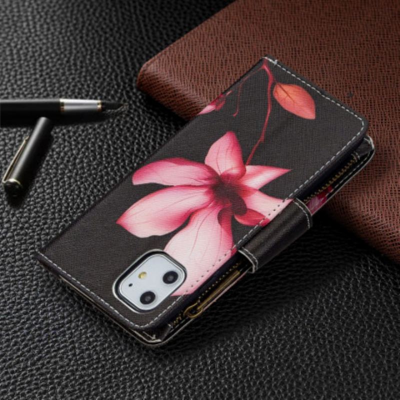 Capa Flip Para iPhone 11 Bolso Com Zíper Flor