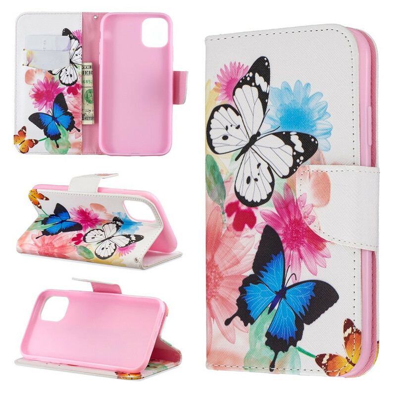 Capa Flip Para iPhone 11 Borboletas E Flores Pintadas