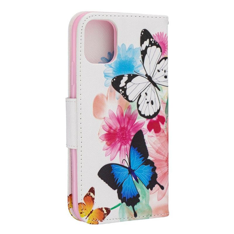 Capa Flip Para iPhone 11 Borboletas E Flores Pintadas