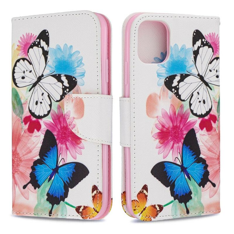 Capa Flip Para iPhone 11 Borboletas E Flores Pintadas