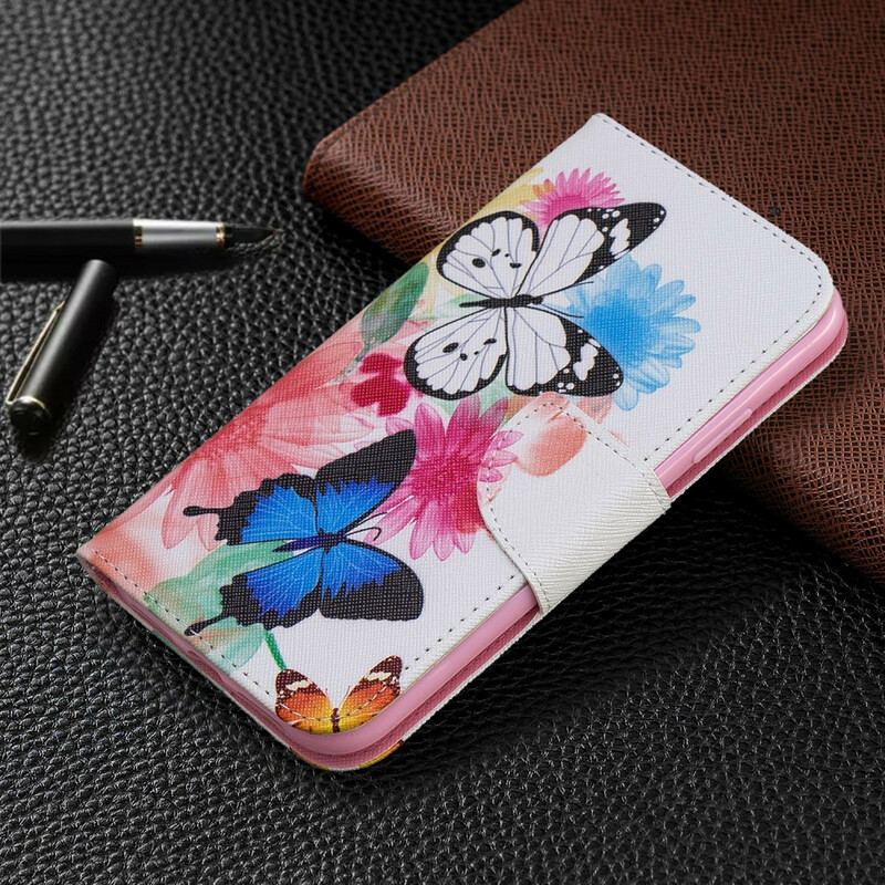 Capa Flip Para iPhone 11 Borboletas E Flores Pintadas