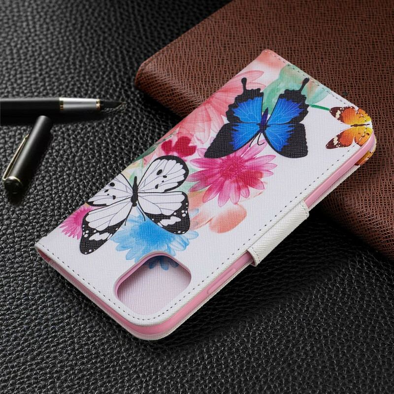 Capa Flip Para iPhone 11 Borboletas E Flores Pintadas