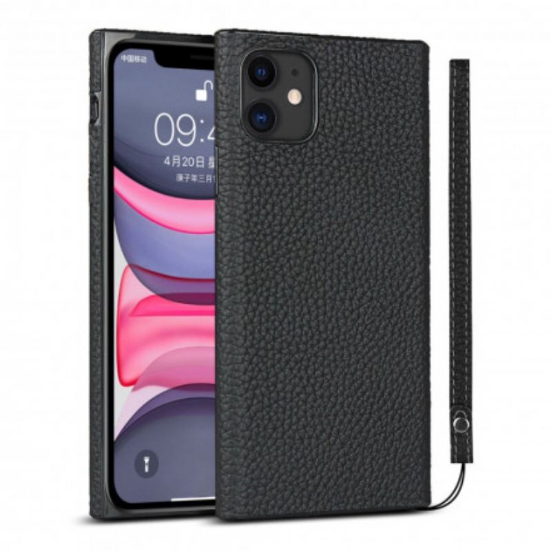 Capa Para iPhone 11 Couro Litchi Genuíno Com Alça