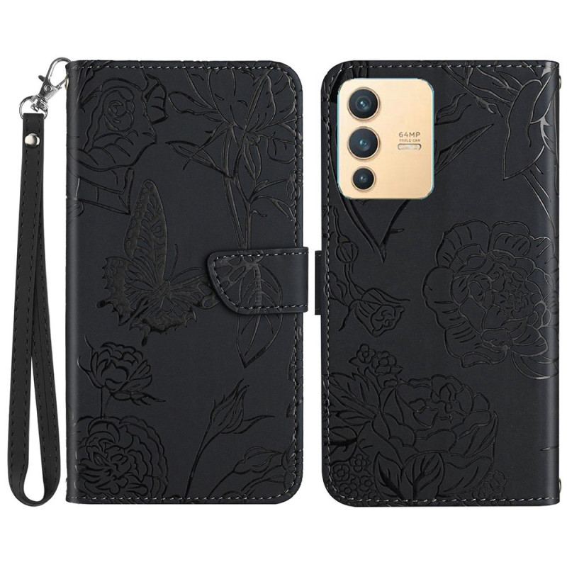 Capa Flip Para Vivo V23 5G Borboleta Com Cordão