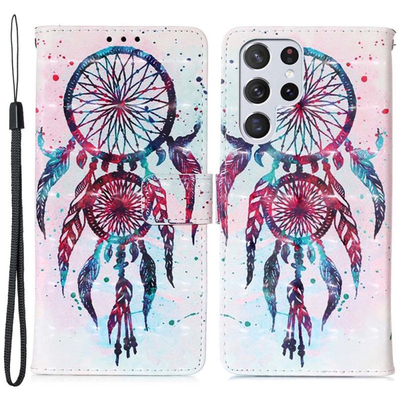 Capa De Couro Para Samsung Galaxy S22 Ultra 5G Apanhador De Sonhos Aquarela