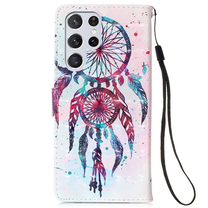 Capa De Couro Para Samsung Galaxy S22 Ultra 5G Apanhador De Sonhos Aquarela