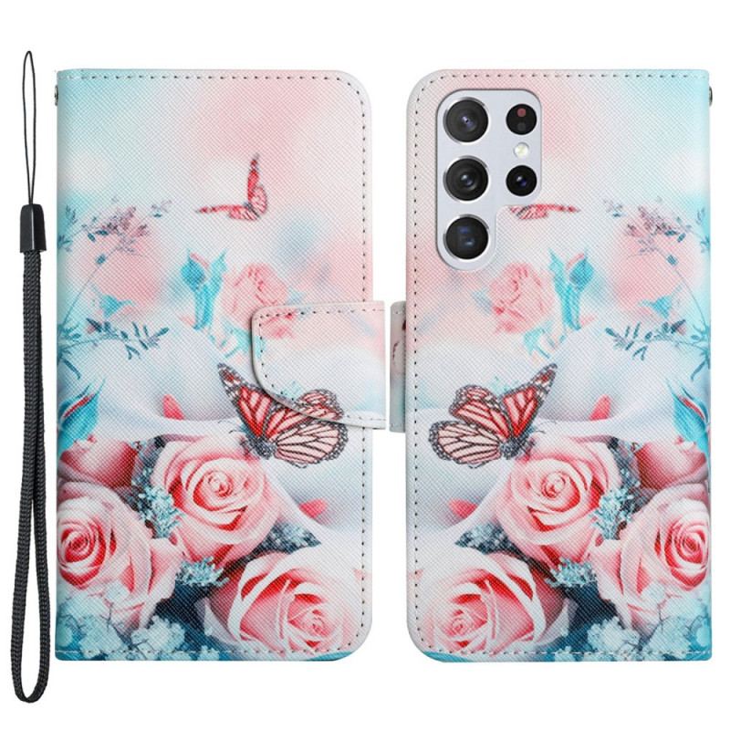 Capa De Couro Para Samsung Galaxy S22 Ultra 5G Buquê De Flores E Borboletas