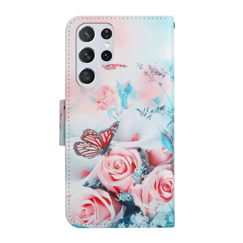 Capa De Couro Para Samsung Galaxy S22 Ultra 5G Buquê De Flores E Borboletas