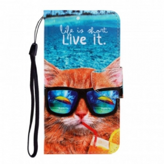 Capa De Couro Para Samsung Galaxy S22 Ultra 5G De Cordão Cat Live It Strappy