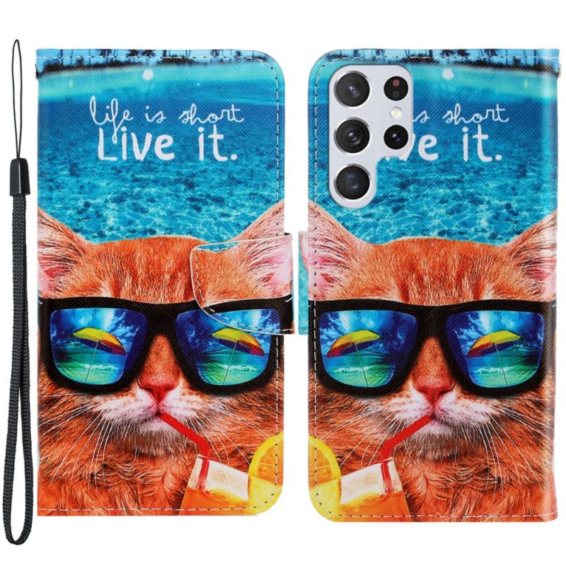 Capa De Couro Para Samsung Galaxy S22 Ultra 5G De Cordão Cat Live It Strappy