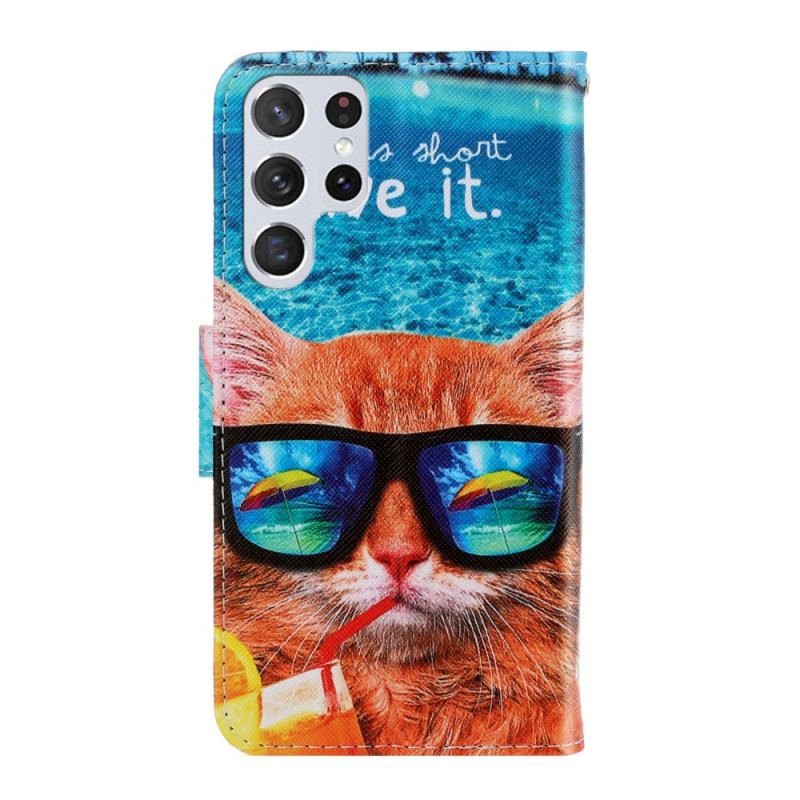 Capa De Couro Para Samsung Galaxy S22 Ultra 5G De Cordão Cat Live It Strappy