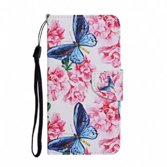 Capa De Couro Para Samsung Galaxy S22 Ultra 5G Cordão Floral Borboletas