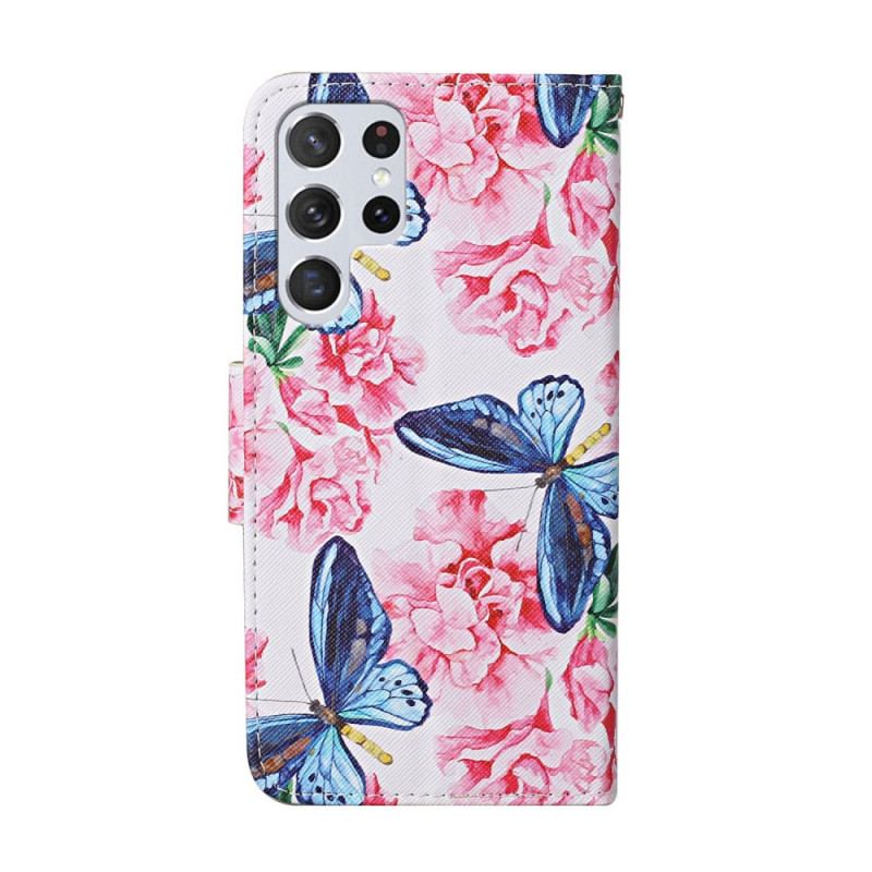 Capa De Couro Para Samsung Galaxy S22 Ultra 5G Cordão Floral Borboletas