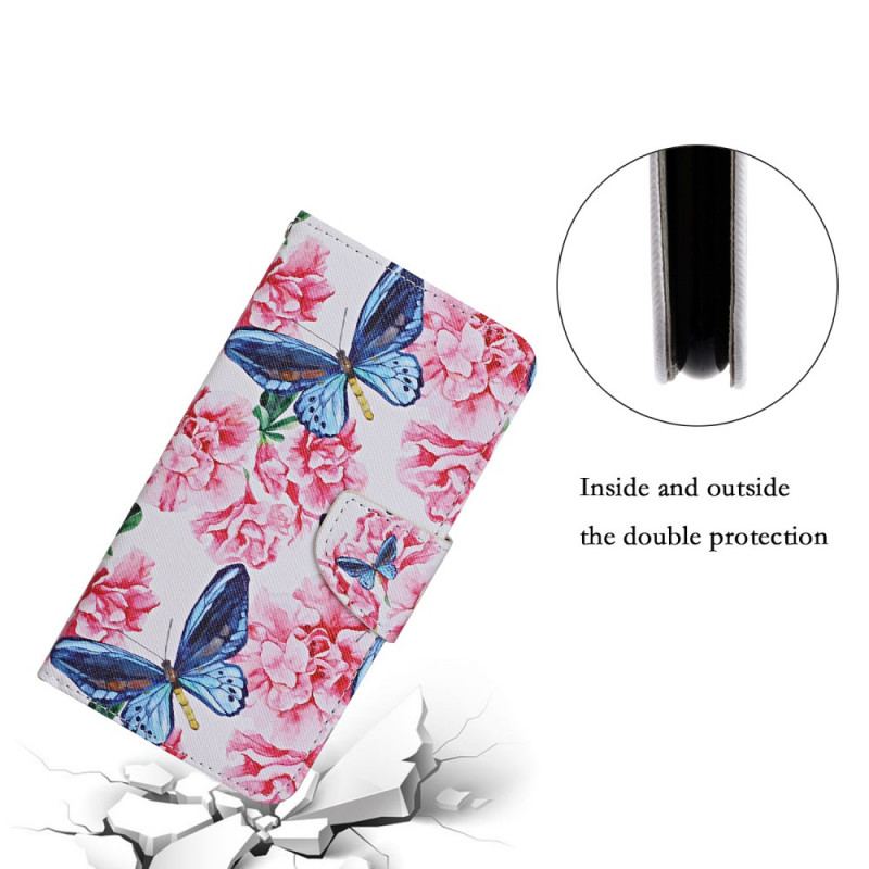 Capa De Couro Para Samsung Galaxy S22 Ultra 5G Cordão Floral Borboletas