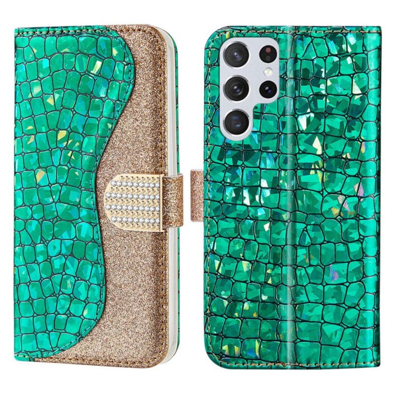 Capa De Couro Para Samsung Galaxy S22 Ultra 5G Diamantes De Crocodilo